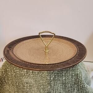 Vintage RED WING Pottery Brown Tan Single Level Tidbit Tray MCM 10" With Handle